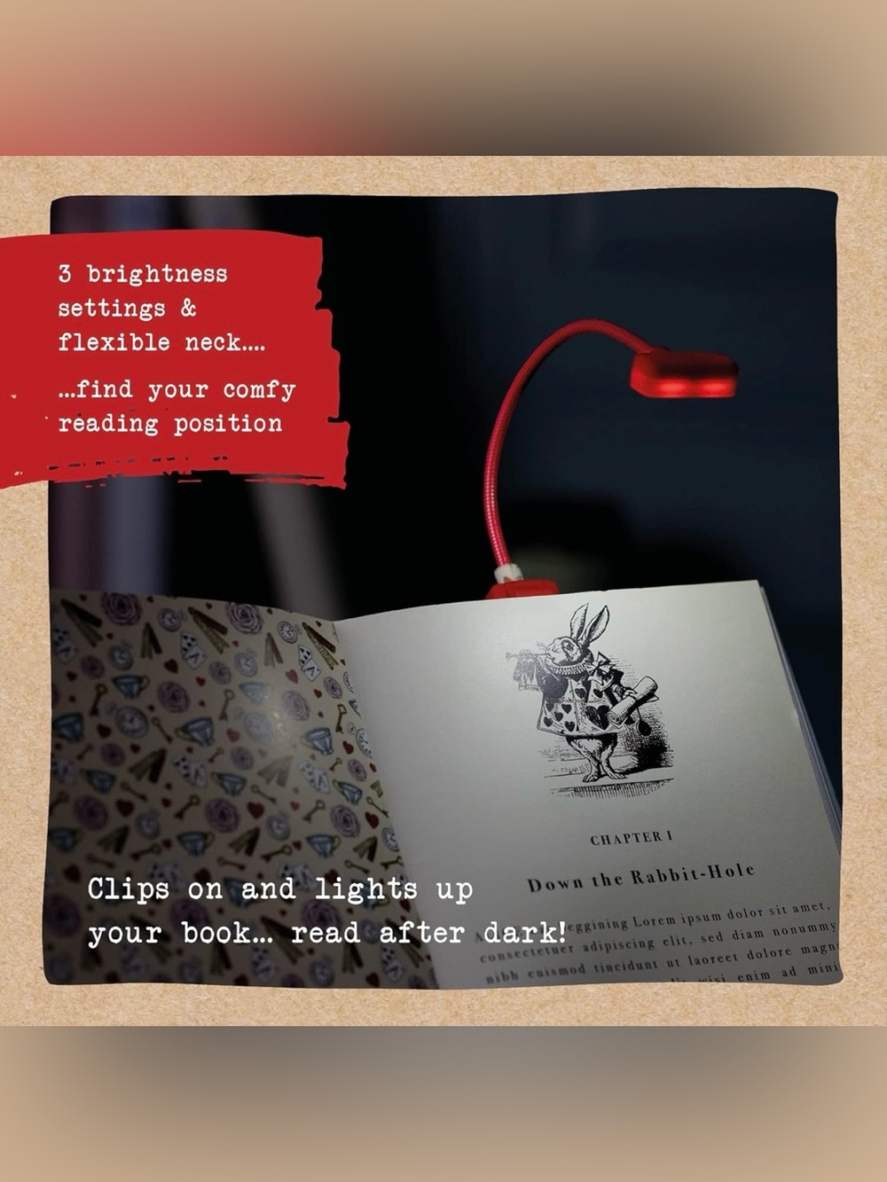 Alice in Wonderland Red Flexible Reading Light, NWT 🫖 ♥️ 🃏 🐇 - Picture 3 of 7
